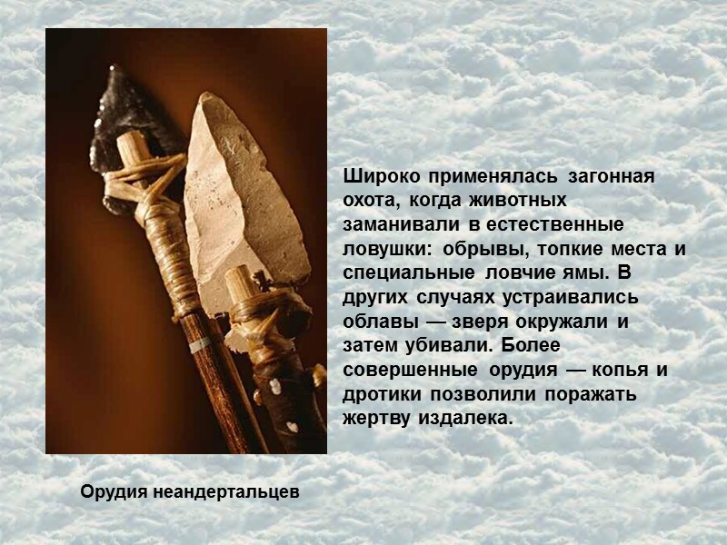 Орудия неандертальцев Широко применялась загонная охота, когда животных заманивали в естественные ловушки: обрывы, топкие